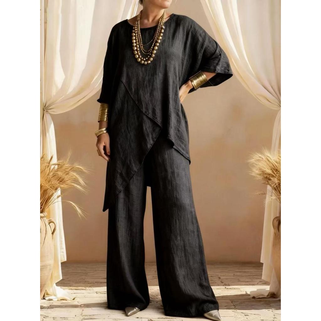 Women's Round Neck Irregular Hem 3/4 Sleeve Linen Look Top and Wide Leg Pants 2 Piece Casual Outfit