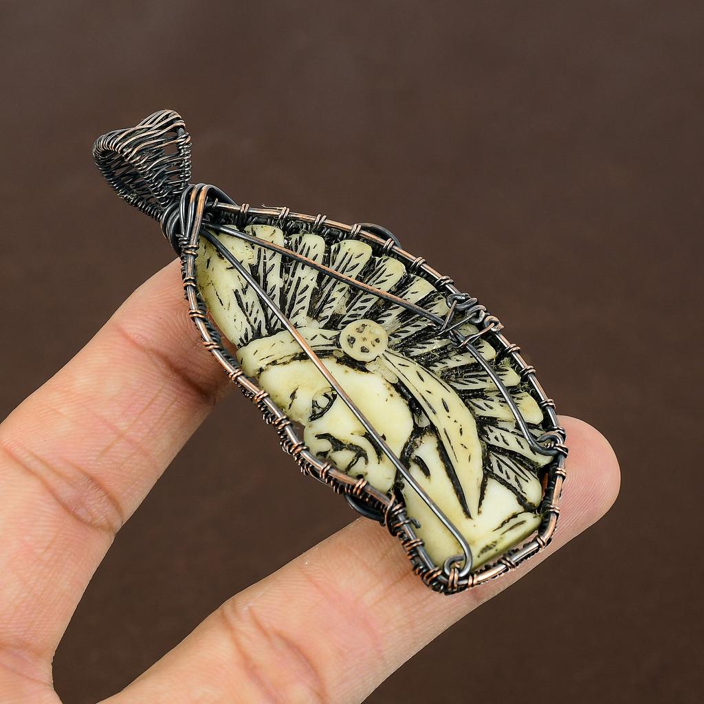 Natural Tribal Bone Face Cameo Handmade Copper Wire Wrap Pendant 3.15" n6C21