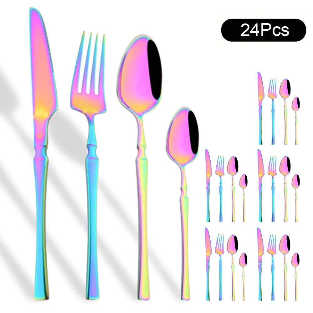 24Pcs Gold Tableware Sets Stainless Steel Cutlery Knife Tea Fork Coffee Spoon Flatware Dishwasher Safe Dinner Kitchen Dinnerware