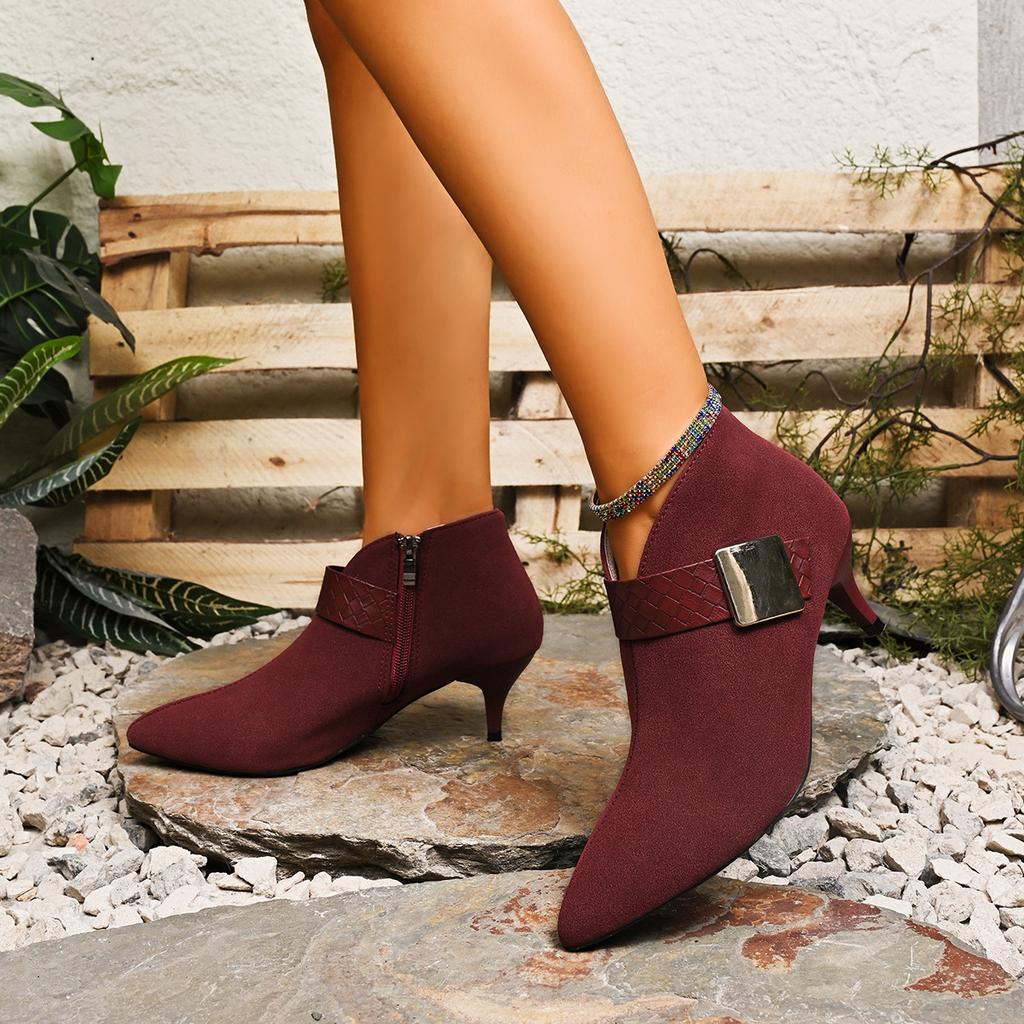 Fashion Hot Seller Fashion Metal Belt Buckle Decoration Ankle Boots Women Autumn Sexy Pointed Toe High Heel Boots Suede Side Zip Booties