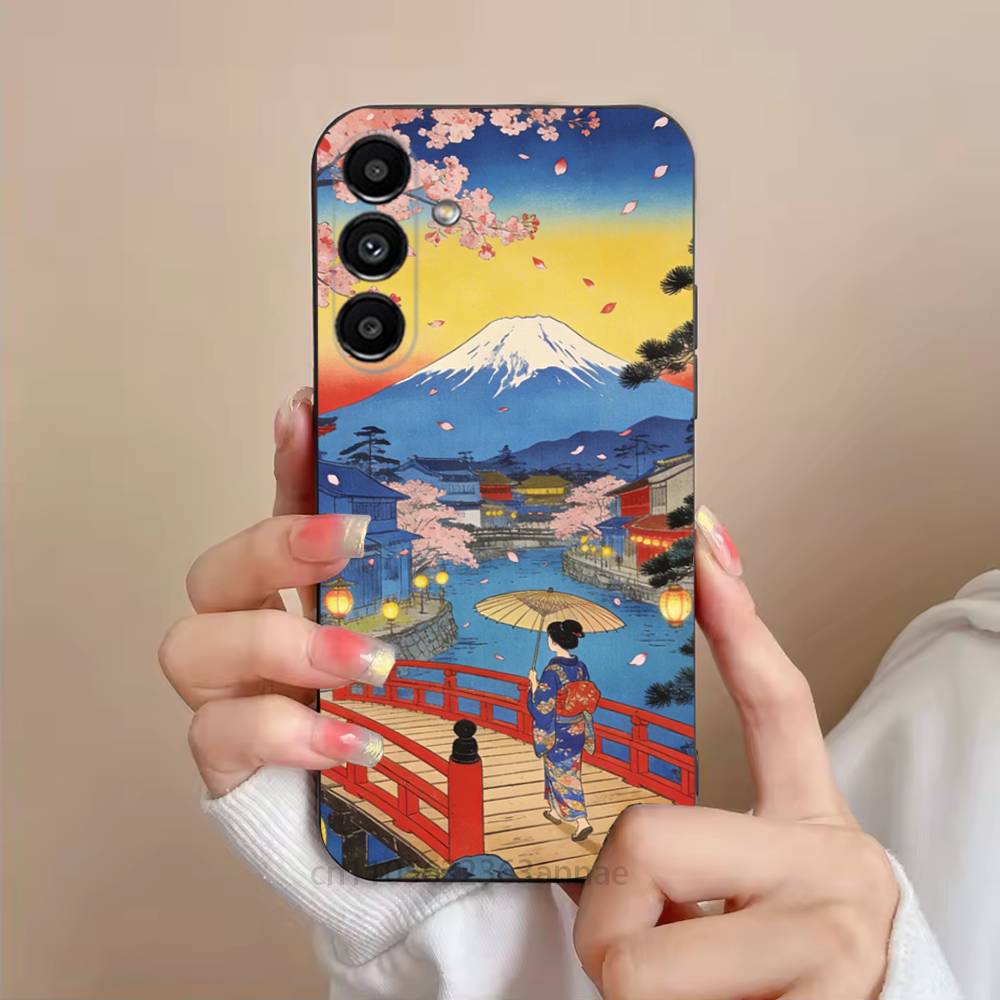Japan Style Ukiyo-e New Phone Case For Samsung S25,24,21,22,23,S30,Ultra,S20,Plus,Fe,Lite,Note,S10,S9,Black Soft Shell