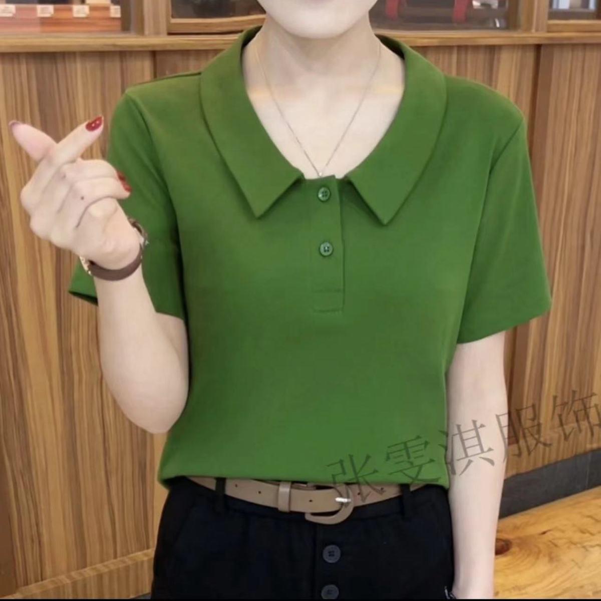 

Летняя женская приталенная рубашка поло 2024 - Модная и омолаживающая модель большого размера для мам среднего возраста L (80-100 jin) зелёный