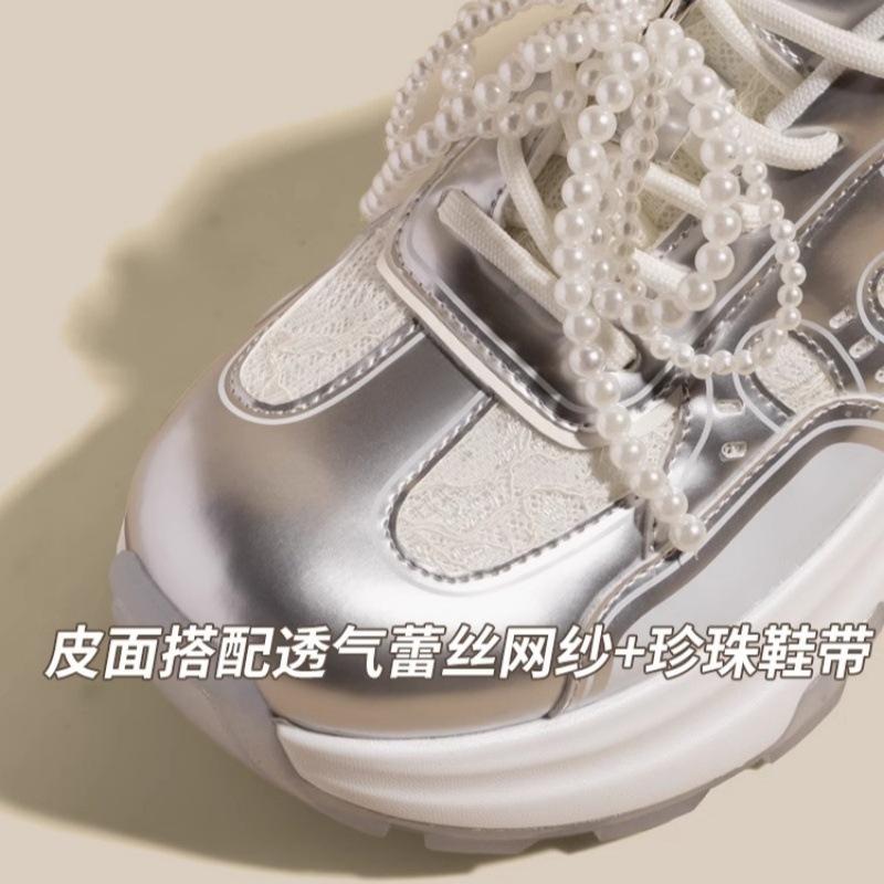 9Cm Inner Height Increase Dad Shoes Women 2025 New Lace Pearl Belt Thick-soled Mesh Breathable Casual Sports Shoes