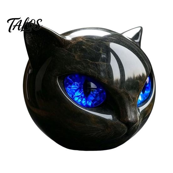 Spooky Shelf Decoration Spherical Black Cat Head Ornament, Resin Gothic Style Sculpture with Colorful Collectible Art Eyes for Halloween Tabletop