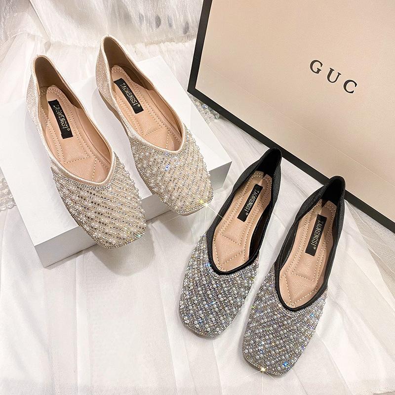 Chaussures simples à tête carrée en cuir souple pour femmes, nouvelles chaussures plates de printemps avec strass, Style féerique, chaussures à pois à enfiler douces pour femmes