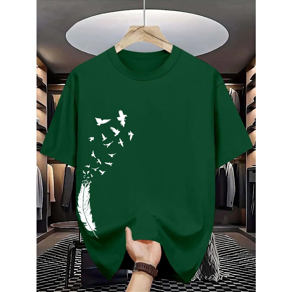 Men's 100% pure cotton summer casual loose fashion bird creative pattern printed round neck T-shirt versatile top