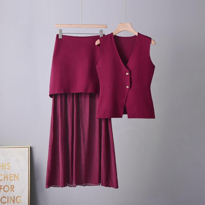 2026 new Korean style summer collar short-sleeve fashionable loose versatile slimming high-waisted knit skirt set for women