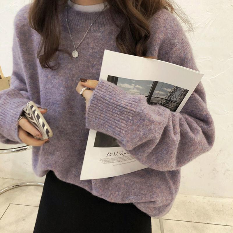 Crew neck sweater women's outerwear college knitted sweater pullover fattened to increase the lazy style top with coat base