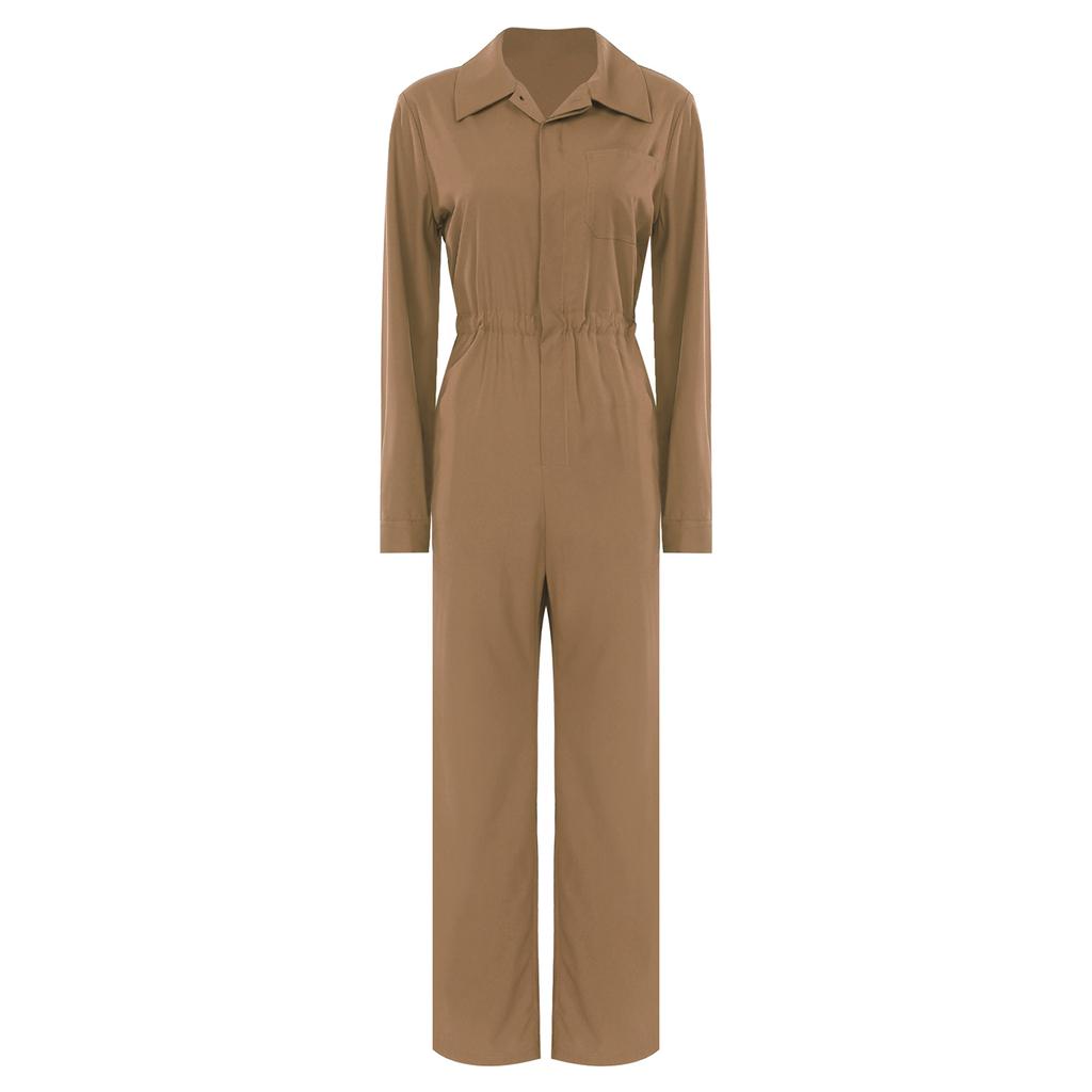 Womens Button Coverall Casual Solid Color Turn Down Collar Long Sleeve Jumpsuit Work Travel Holiday Style