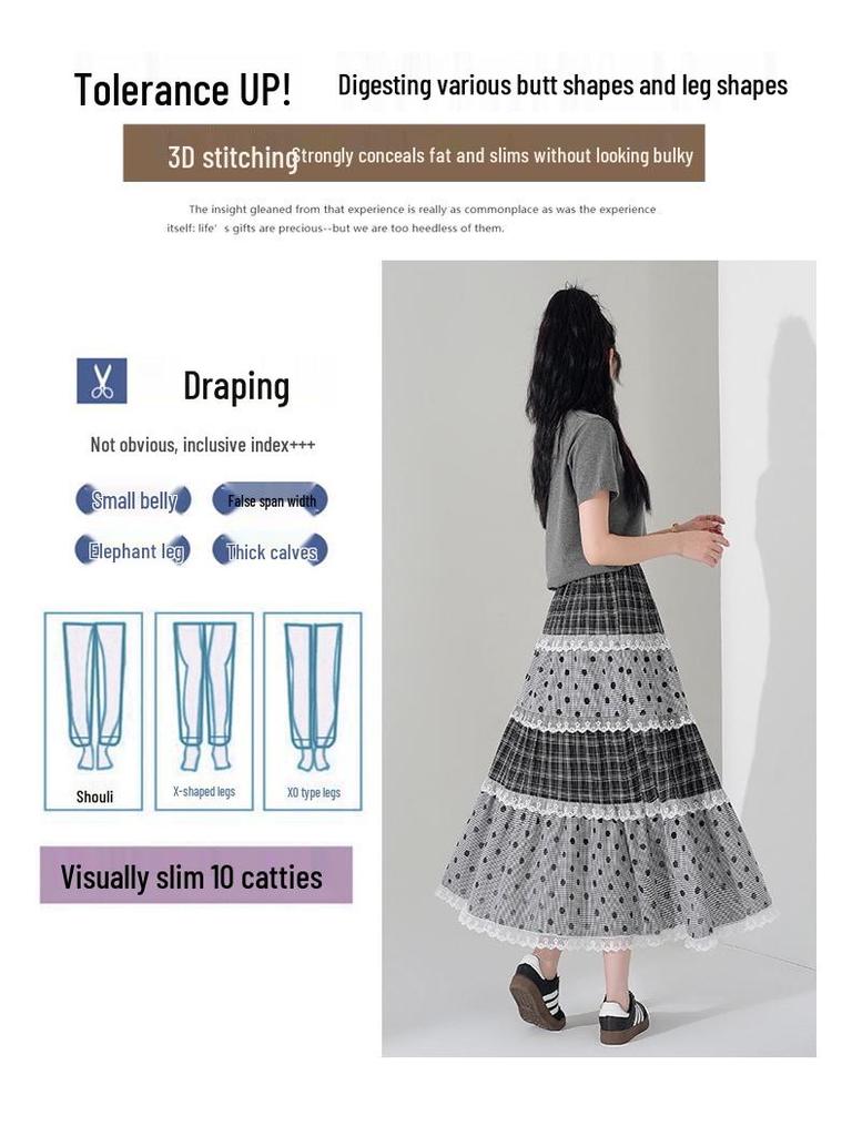 Jupe Midi en Dentelle à Pois Japonais: Ligne A, Étages, Doux, Style Collège pour la Garde-robe d'Été des Femmes