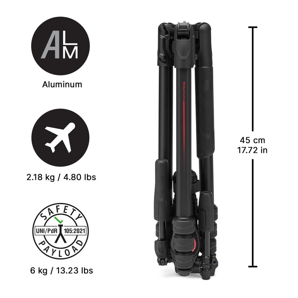 Manfrotto Befree GT PRO Professional Travel Tripod Kit with Fluid Leveling Twist for DSLR and Mirrorless Cameras 3-Way 3-Way Head, Column, Aluminum,