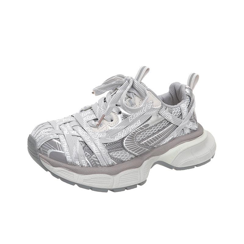 Paris Dad Shoes Children's Leather Mesh Breathable Sports Women's Shoes 2025 Autumn New Thick-soled Heightening Casual Shoes