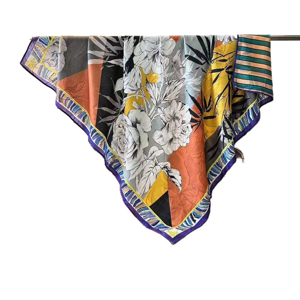 Imitation Velvet Silk Scarf Women'S 90 Square Scarf Double-Sided Heterochrome Splicing Printing Travel Beach Towel Sunscreen Shawl