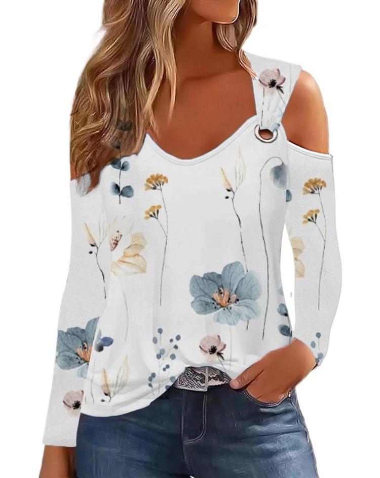 Women Casual Summer Floral Print Long Sleeve U Neck Blouse Fashion Shirts