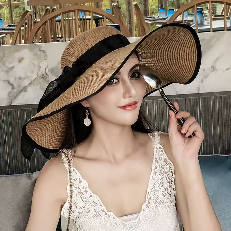 Lace Lace Beach Hat Straw Hat Women's Summer Curled Seaside Hollow Lafite Sun Hat Big Brim