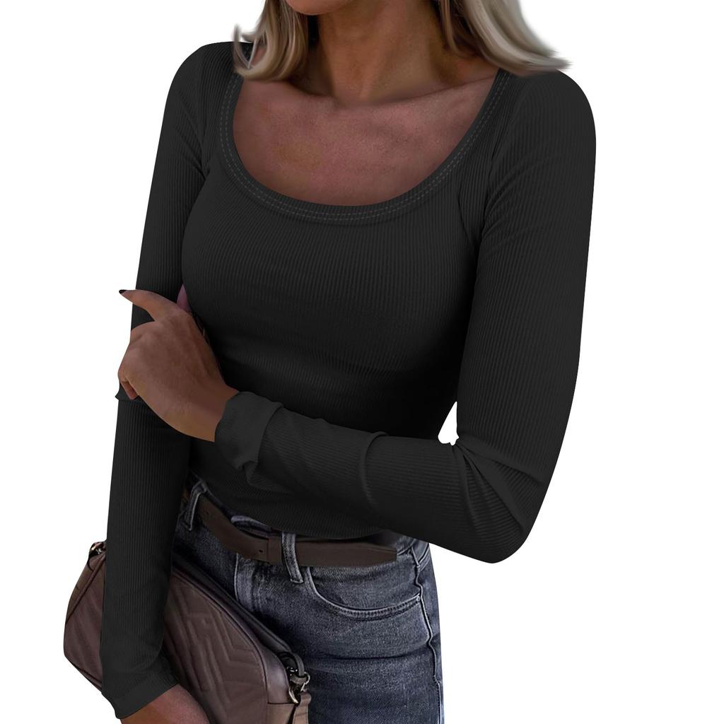 Women's  And Winter Slim Bottom T-shirt Fashion Casual Solid Color U Neck Pullover Long Sleeve Top
