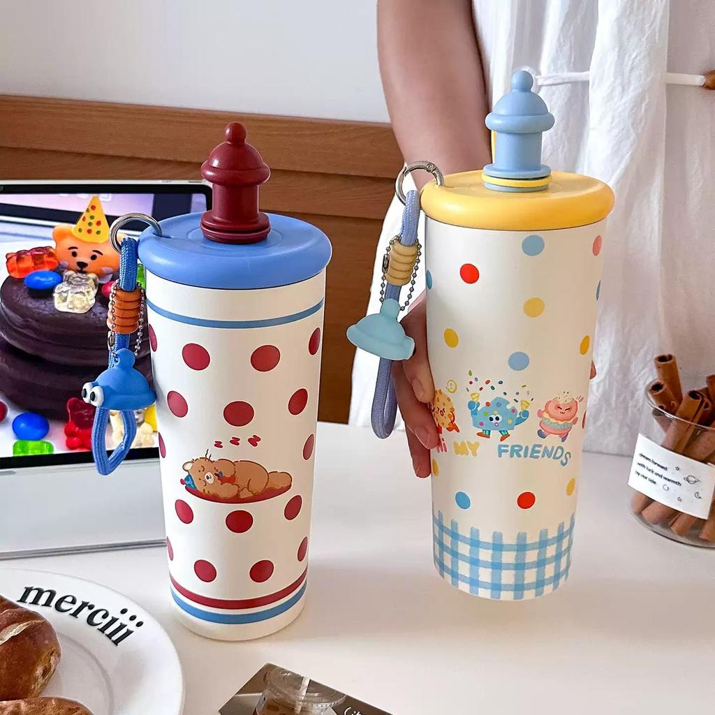 Cartoon High-value Straw Thermos Cup for Girls, Convenient Handle with Small Pendant 316 Stainless Steel Cute Accompanying Cup