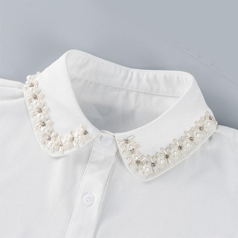 Comfortable Polyester Detachable Collar for Women Faux Pearls and Bead Removable Button Lightweight False Collar Shirt