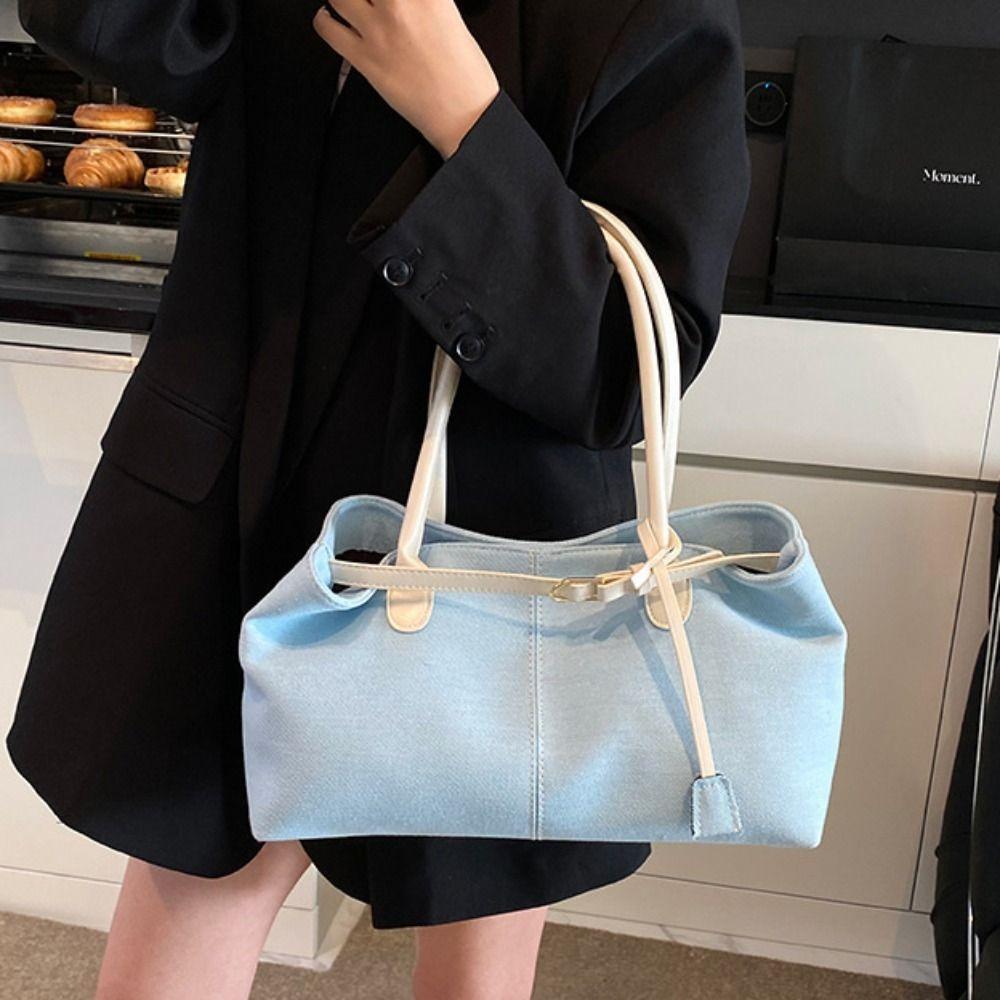 Patchwork Color Vintage Armpit Bag Hasp Closure Casual Tote Bag Denim Shoulder Bag Students