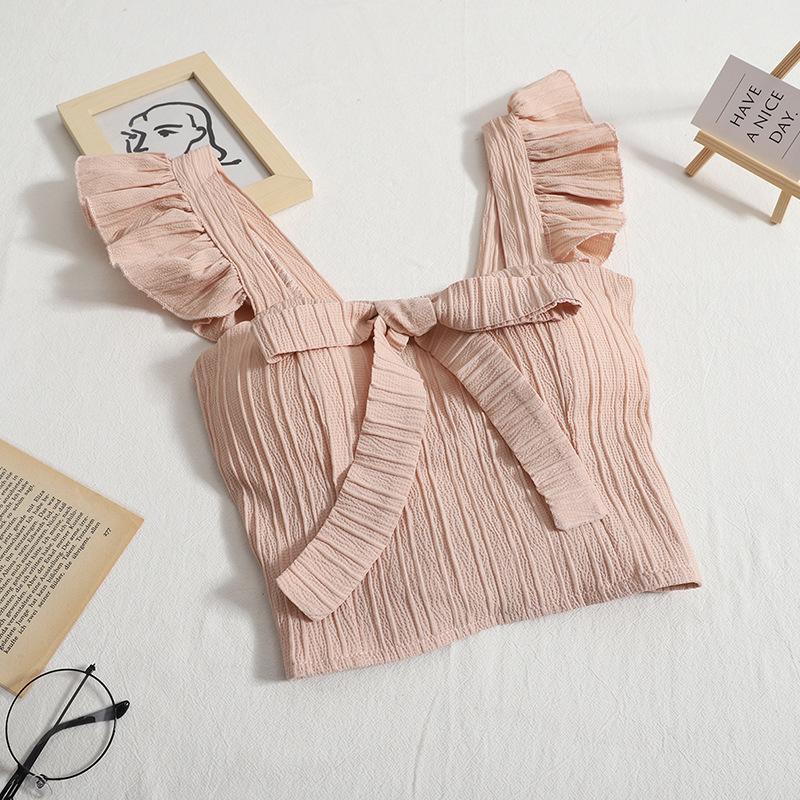 Damen Tanktop Süß Kurz Einfarbig Schleife Neckholder Kurz Rüschen Weste Tops