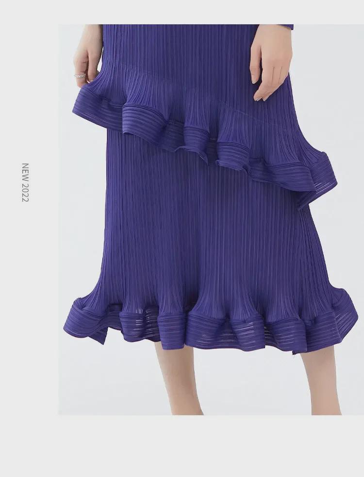 Women's 2025 Spring Miyake Ruffled Long-Sleeve Lace-Up Dress, Medium-Length, Slim Fit, Pleated Bottom Skirt.