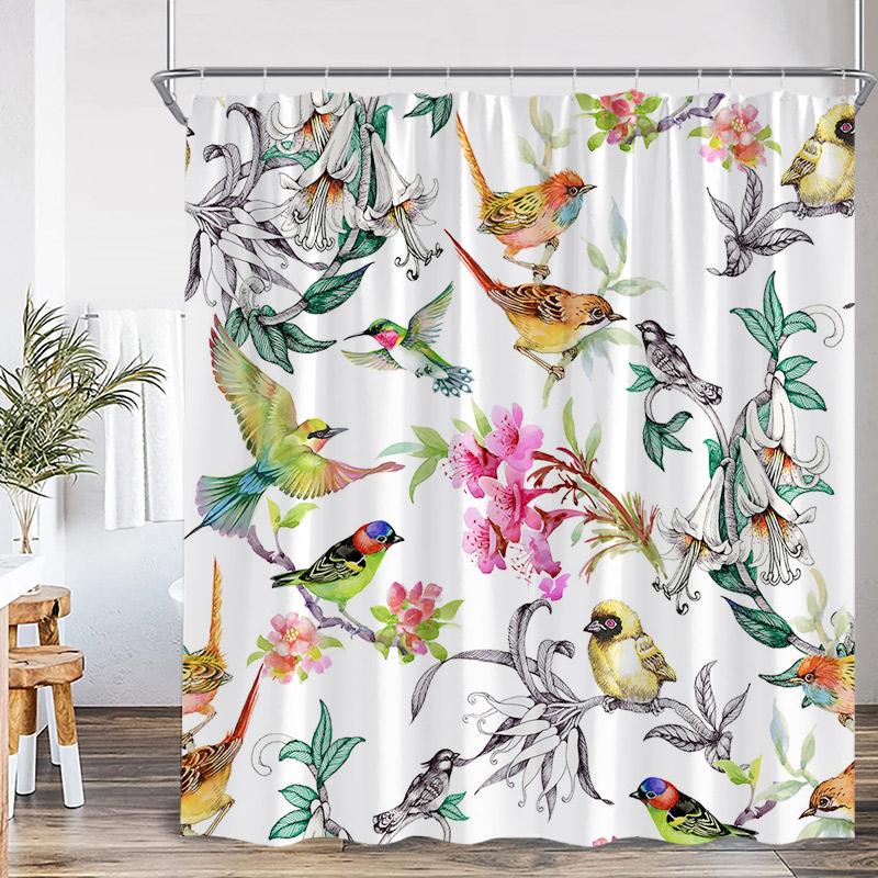 Floral Blue Butterfly Shower Curtain Purple Flowers Butterflies Plant Polyester Fabric Bathroom Decor Bath Curtains with Hooks