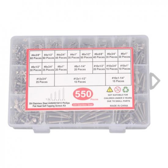 550Pcs Phillips Flat Head Wood Screws, 304 Stainless Steel Sheet Metal Assortmen