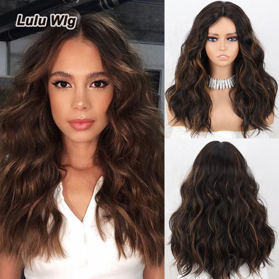 MISS WIG Lange brune bølgete parykker for kvinner Midtdel Krøllete brune blandet blonde parykker Syntetiske høydepunkter for daglig fest