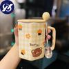 Ins Style Girl Heart Ceramic Mug with Lid Spoon Cute Straw Water Cup Coffee Cup Breakfast Milk Oatmeal Cup