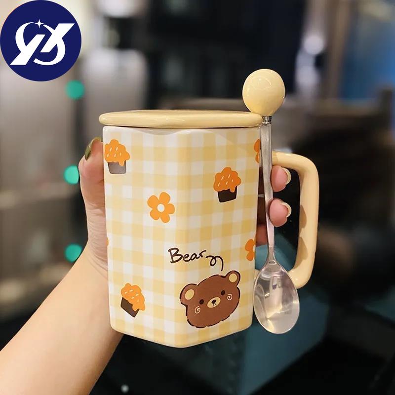 Ins Style Girl Heart Ceramic Mug with Lid Spoon Cute Straw Water Cup Coffee Cup Breakfast Milk Oatmeal Cup
