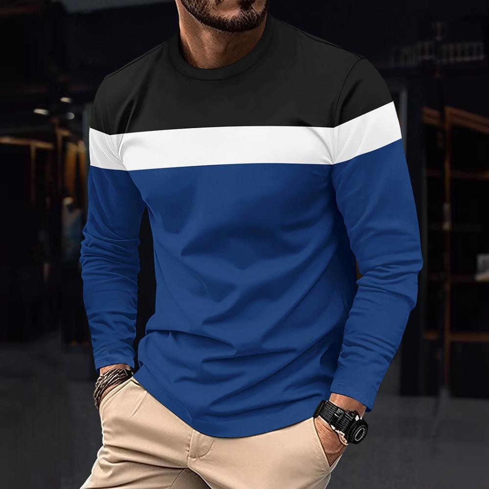 Men's Round Neck Long Sleeve Color-blocking Bottoming Shirt Pull-out Thin Long Sleeve T-shirt