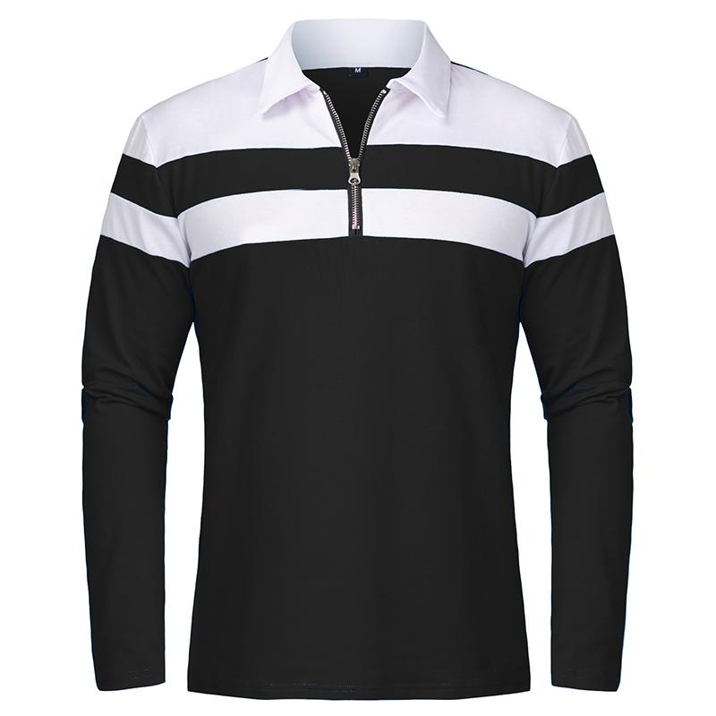 Męskie koszulki polo z długim rękawem w paski, z zamkiem 1/4, bawełniane, patchworkowe, z kołnierzykiem, casualowe, modne, pulower, slim fit, koszulka golfowa