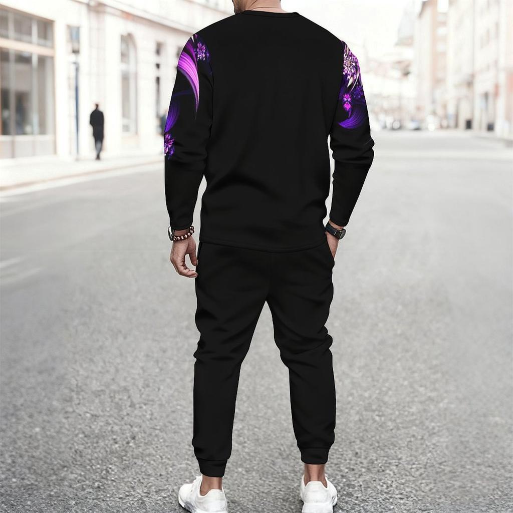 Men Blue Galaxy Starry Light Trail Print Long Sleeve Sweatshirt Jogger Pants Two Piece Suit