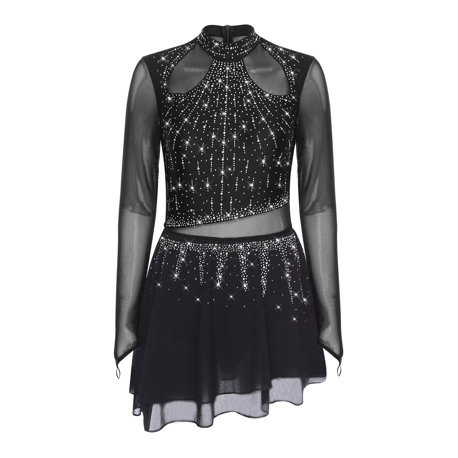 

Жіноча сукня для фігурного катання з довгим рукавом, боді зі стразами, шифонова спідниця, костюм для ліричного танцю S чорний