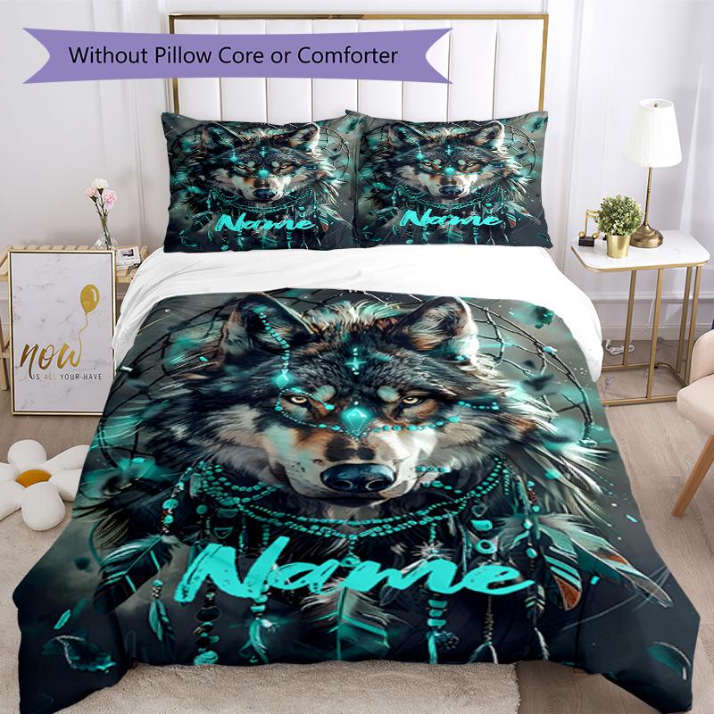 3pcs Custom Name Wolf Bedding Set Duvet Cover Closure Includes 1 Duvet Cover & 2 Pillowcases, Soft and Comfortable for All Seasons.