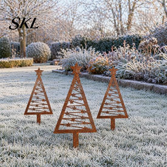 Rust Resistant Metal Stake 3Pcs Rustic Christmas Tree Stake, Weathered Iron Art Xmas Anti-rust Garden Design Decorative Sign for Yard Pathway