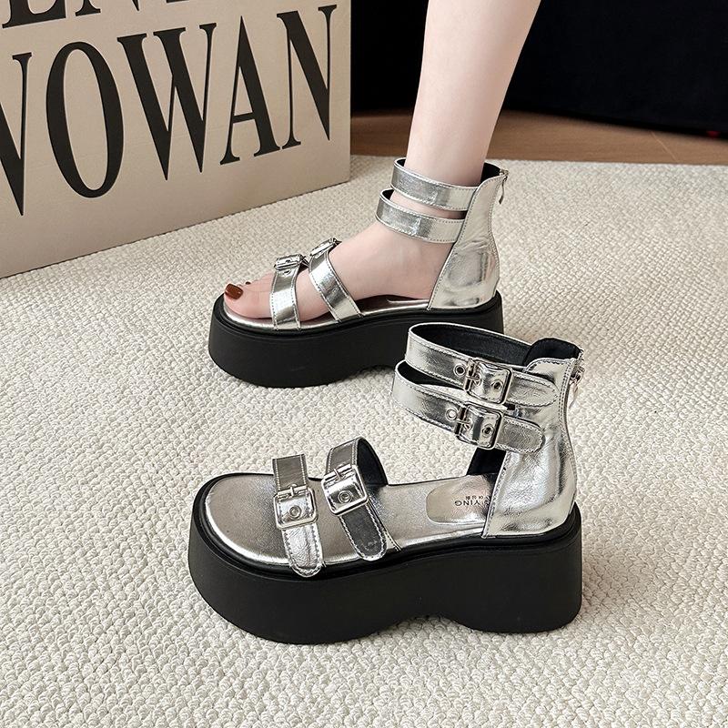 Fashion Women Platform Sandals French Retro Belt Buckle Open-toed Roman Sandal Women's Versatile Heightening Beach Shoes Sandalias Mujer