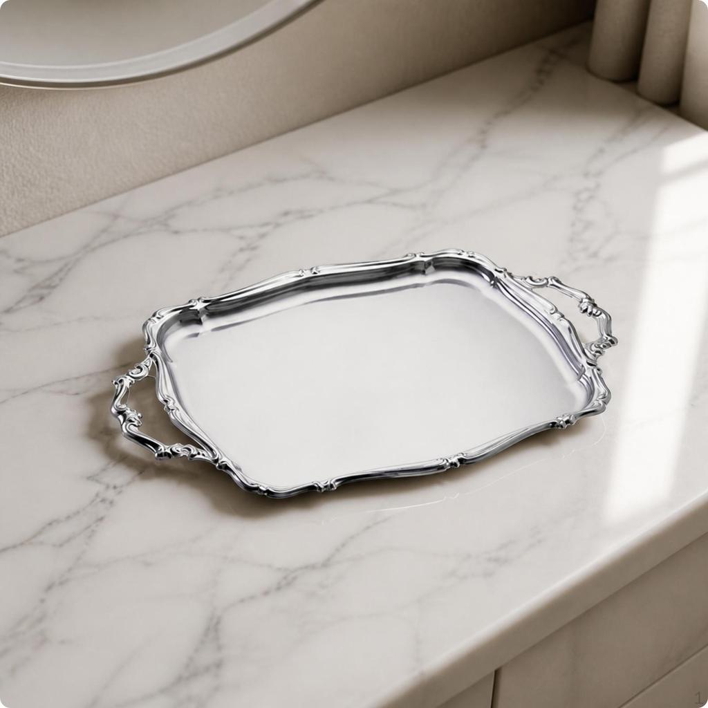 MirrorPolished Metal Serving Tray | Stainless Steel Platter, Elegant Decorative Edge, for