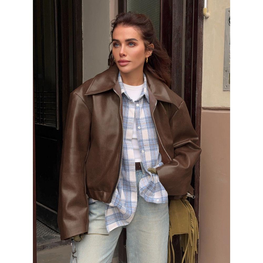 Wine Red Faux Leather Jakcet Fashion Outerwear Thicken Zipper Lapel Pu Coats Autumn Winter Streetwear Ladies Tops Women