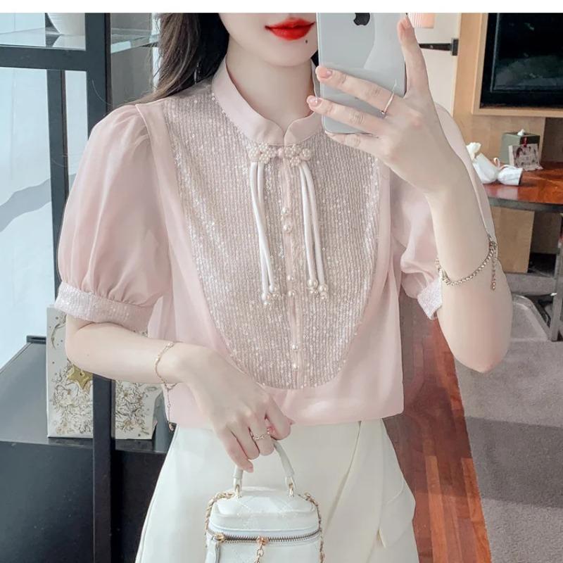 

Блузка повседневная однотонная с рукавами-пузырями Летняя элегантность с пайетками S розовый