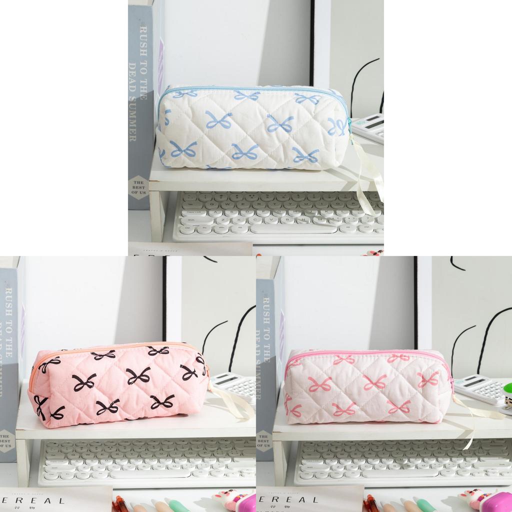 Large Capacity Fabric Pencil Bag With Bow Pattern For Students And Organization
