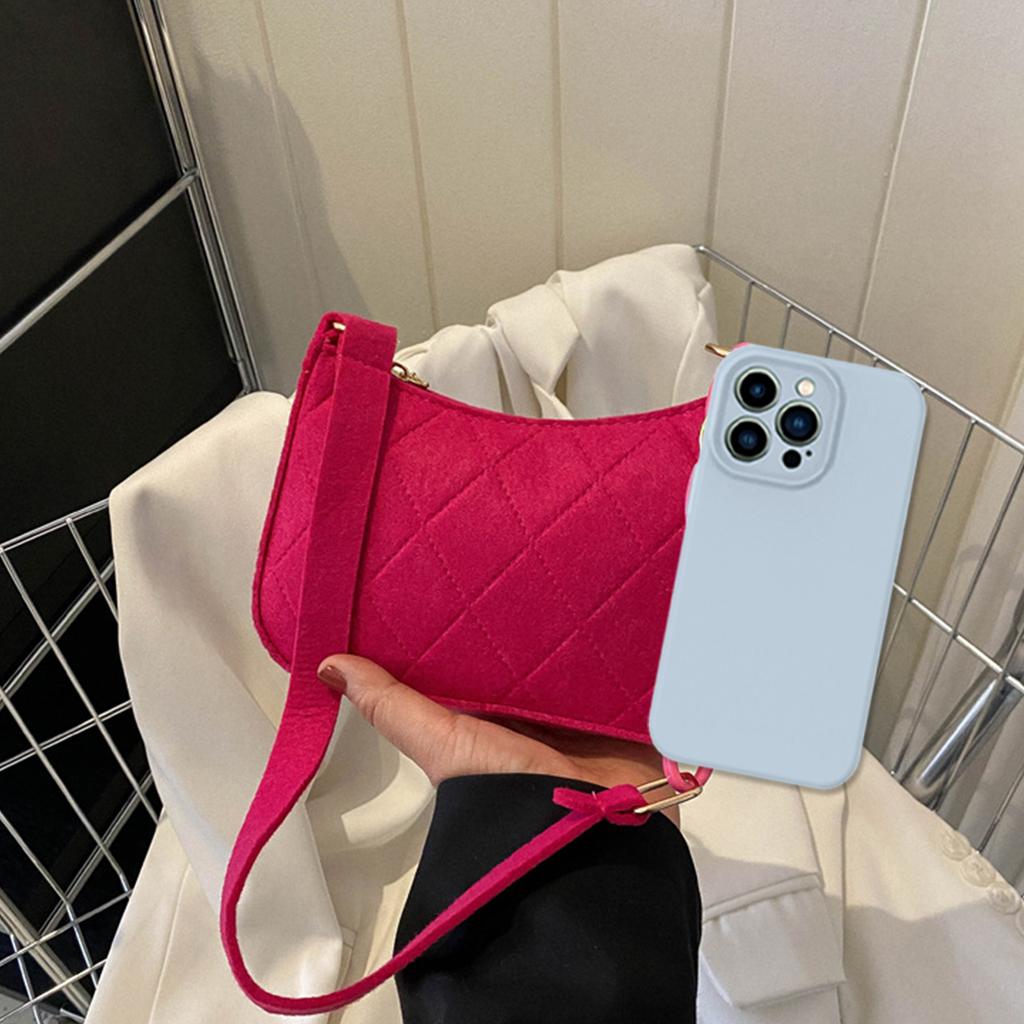 Fashion Women's Minimalist Felt Handbag - Lightweight Diamond Quilted Shoulder Bag with Half-Chain Strap Zipper For Daily Use
