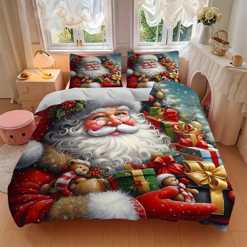 3pcs Santa Claus with Christmas Gifts Printed Bedding Set, Soft and Comfortable Quilt Cover for Bedroom, Guest Room (1 Duvet Cover + 2 Pillowcases