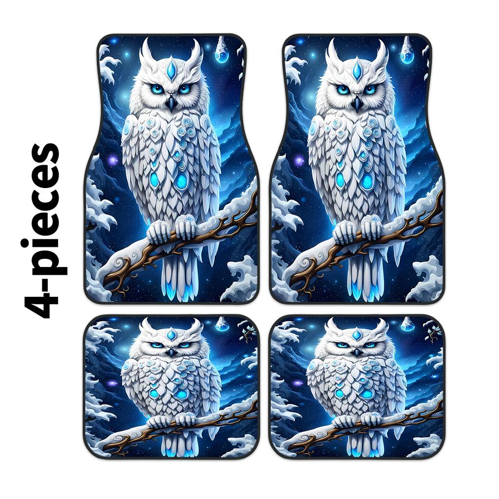 4pcs Blue Crystal Owl Print Car Floor Mats, Elegant Interior Decor Accessories For Daily Driving, All Season Fashionable Auto In
