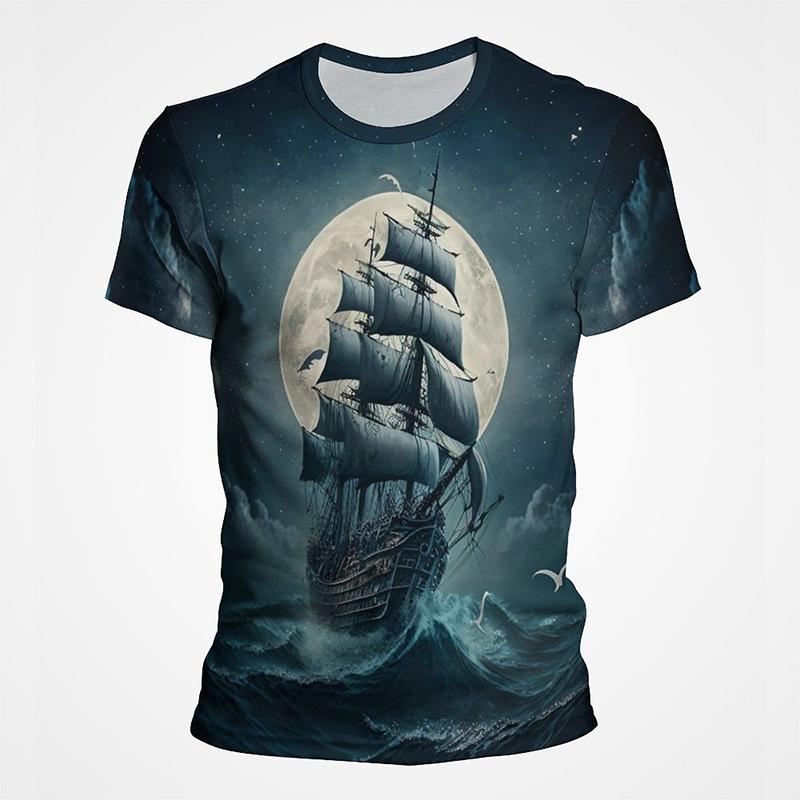 Segelboot Piratenschiff Grafik T-Shirts Herren 3D-Druck Kurzarm Tee Tops Lässig Herren Übergröße Streetwear T-Shirt Ropa Hombre