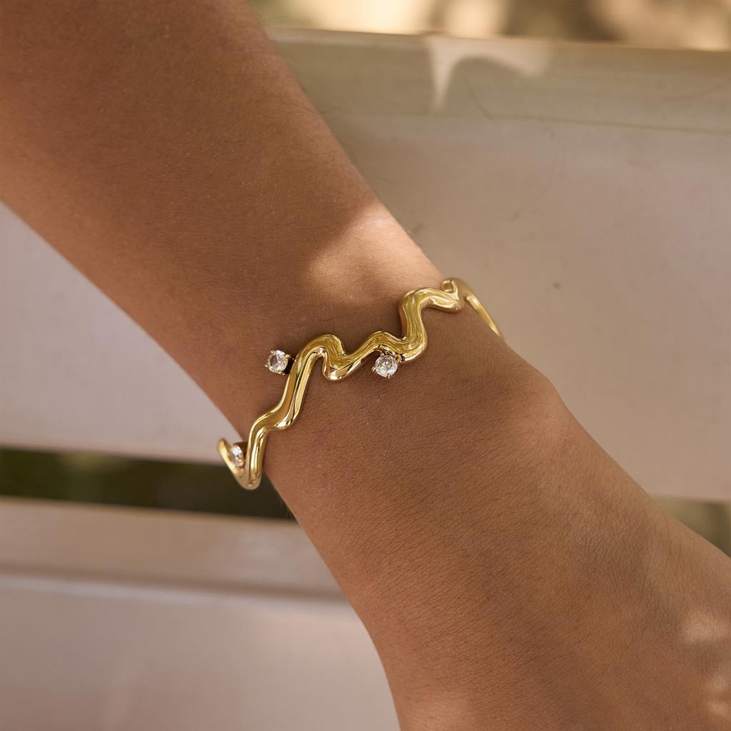 Youthway 18K Gold PVD Plated Wave Zircon Open Bracelet For Women Trendy Stainless Steel Waterproof Cuff Bangle Jewelry Gifts