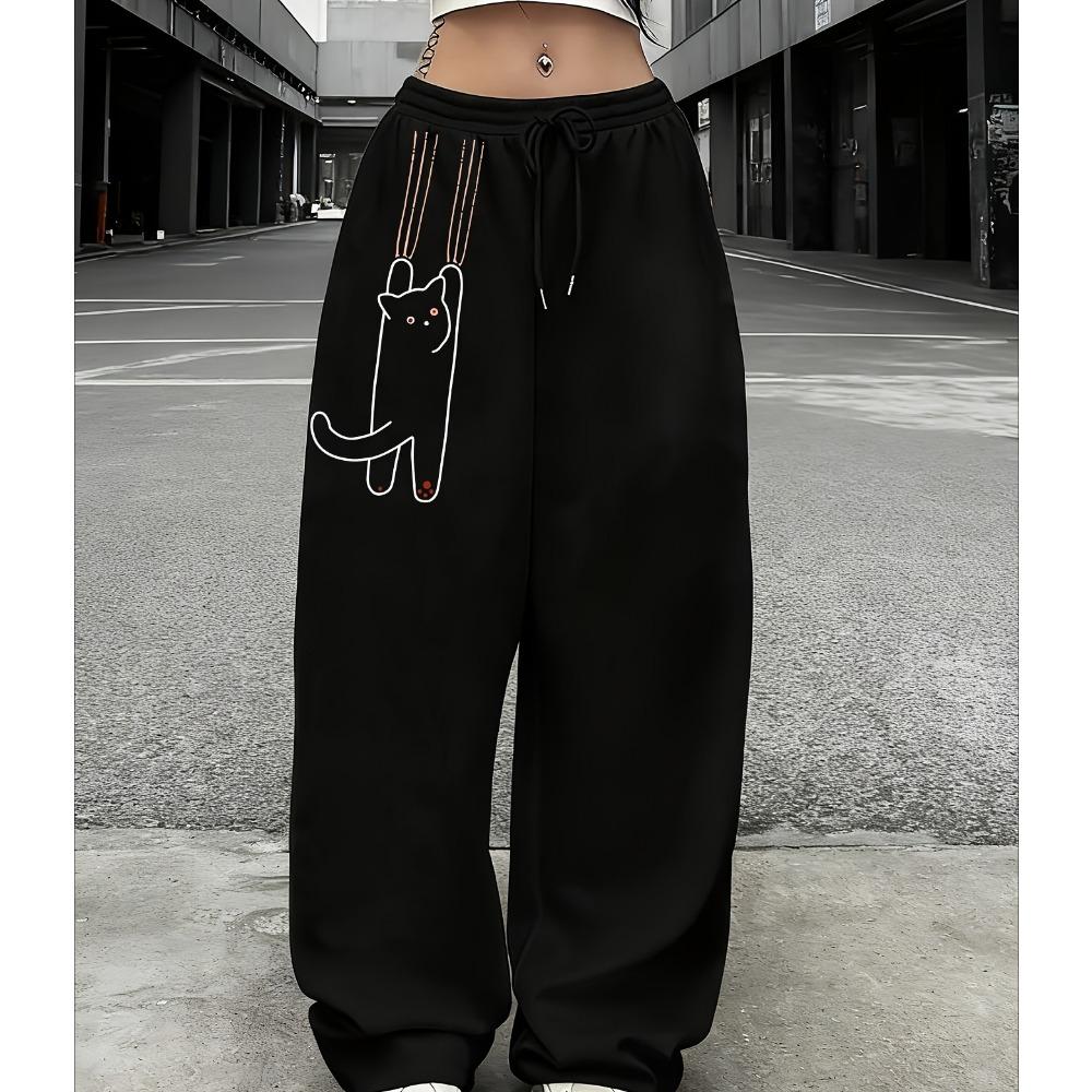 Cute Cat Printed Sports Pants with Drawstring and Elastic Waist American Casual Trend Women Straight Leg Pants