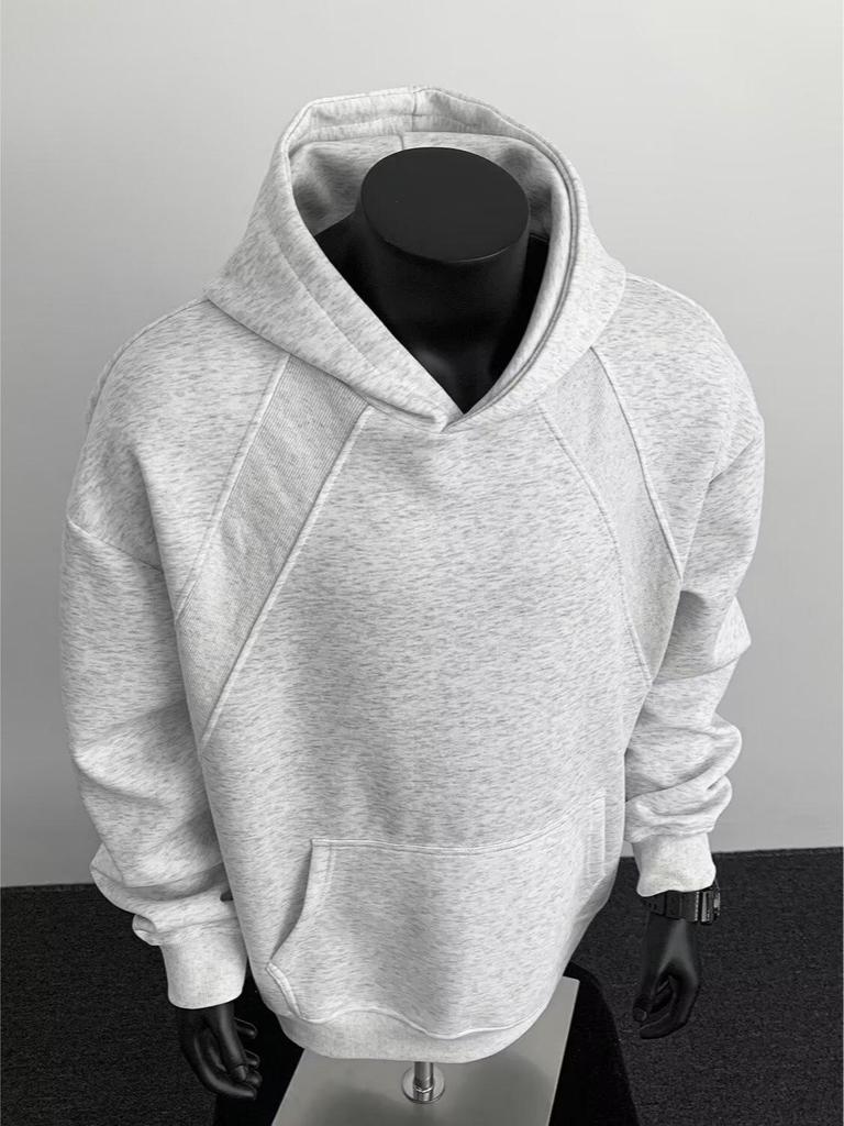 American Style Grey Deconstructed Patchwork Men's Hoodie, Spring/Autumn Trend, High Neck, Socially Anxious Persona, Fashionable Outerwear