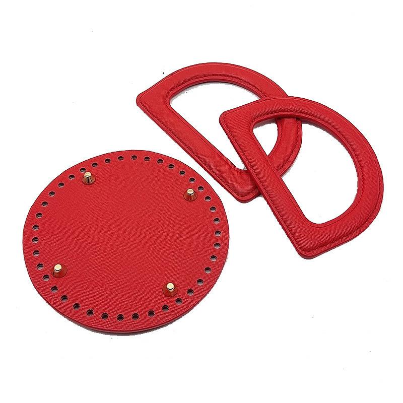 3Pcs/Set Handmade Bag Accessories, Same Color Leather D-Shaped Handle, Leather Bag Bottom, Yarn Weaving DIY Materials