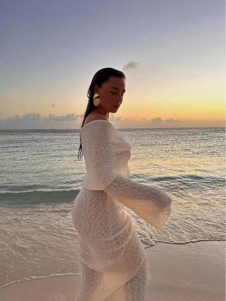 European & American Beach Cross-border One-shoulder Knitted Hollow-out Sexy Long Dress Cover-up